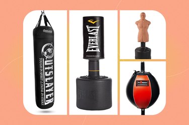 collage of the best punching bag for home workouts isolated on a peach background